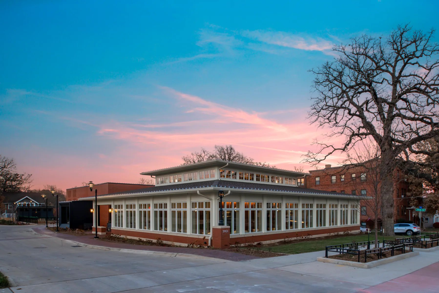 Oak Park restaurant completed by K. Johnson Construction at sunset